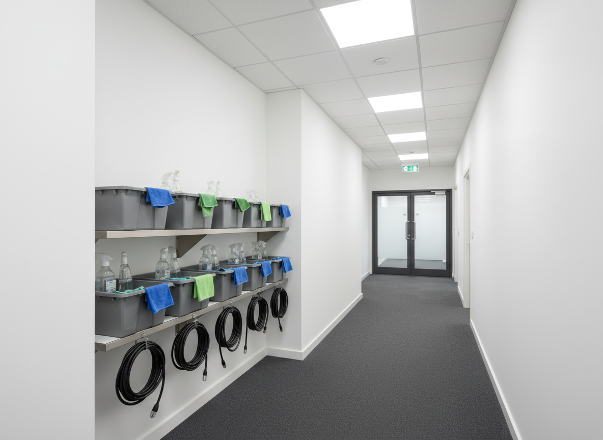 A long, pristine corridor in a contemporary office building in Worcestershire, with low-maintenance dark commercial carpet running centrally and smooth white walls free of marks. Along one side sits a neatly arranged set of labelled cleaning caddies on a discreet shelving unit, each containing spray bottles with clear liquids, fresh microfibre cloths, and carefully coiled extension cables for floor machines. Overhead LED panel lights create even, neutral illumination with minimal shadows, emphasizing order and clarity. Photographic realism, captured from a slightly elevated perspective looking down the corridor, using leading lines to draw the eye towards distant glass doors. The atmosphere is organised, reliable, and scalable, quietly conveying flexible cleaning contracts and consistent nationwide standards without showing any people or text.