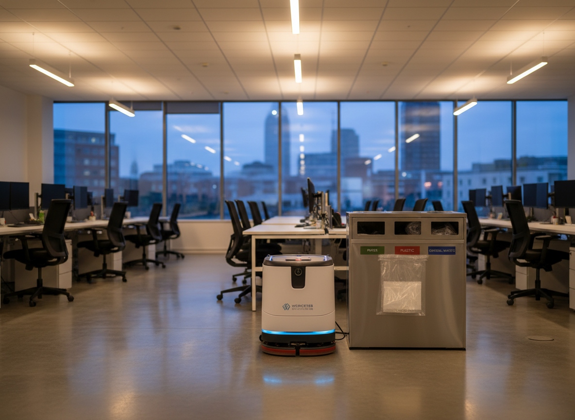 A large, open-plan corporate workspace at dusk, with rows of workstations already tidied and polished, computer screens dark, and chairs precisely aligned. In the foreground, a compact, professional-grade floor scrubber with a sleek, modern design rests beside a closed recycling bin station and a neat stack of biodegradable refuse bags. The city skyline outside is softly blurred through expansive windows, with cool blue evening light mixing with warm interior downlights. Photographic realism, shallow depth of field to keep the cleaning equipment crisp while the office softly recedes. The mood is quietly industrious and trustworthy, suggesting after-hours cleaning that is agile, unobtrusive, and quality driven, ready to support national clients from a Worcestershire base.